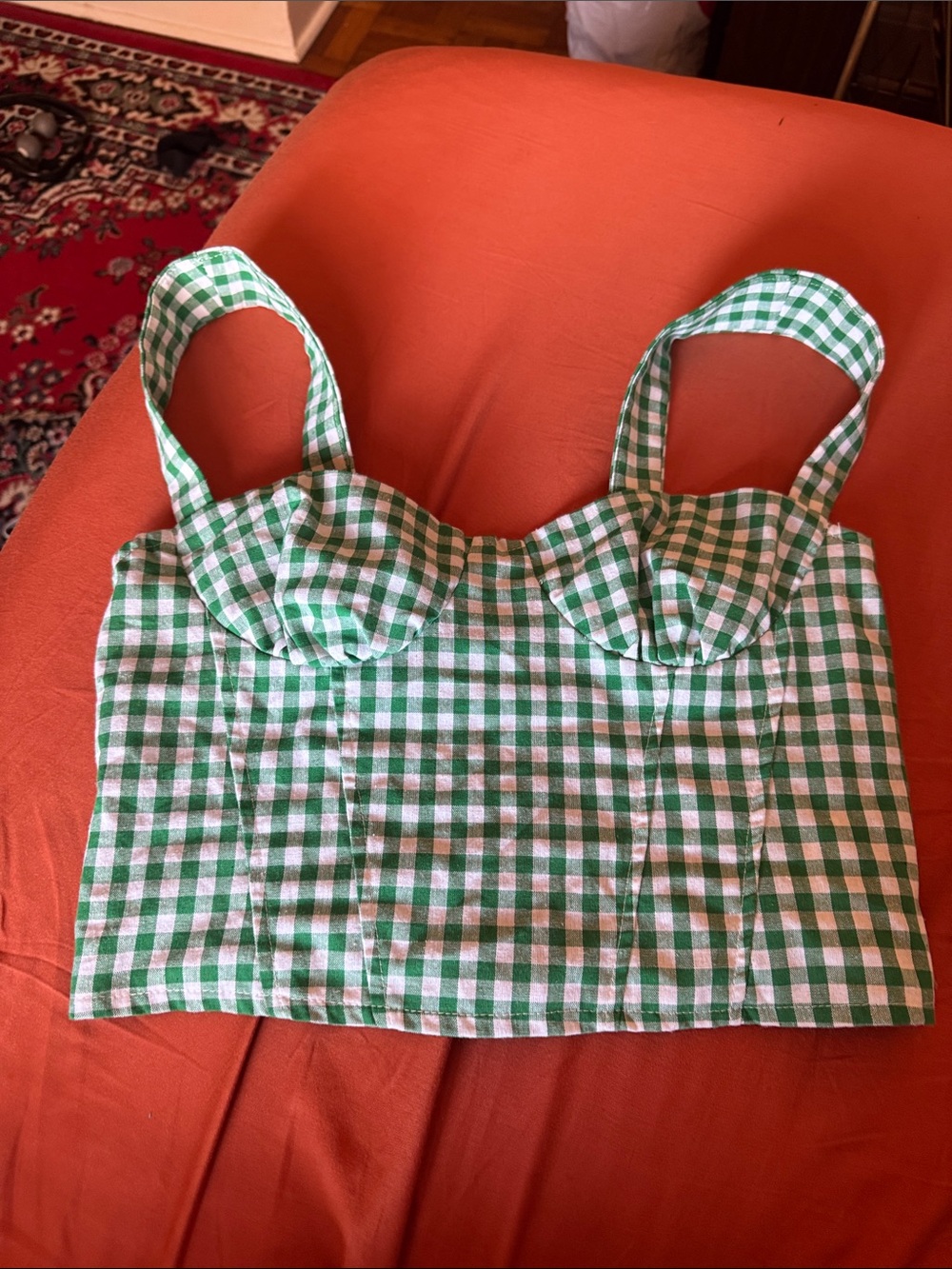 SHEIN Green and White Gingham Bustier Crop Top